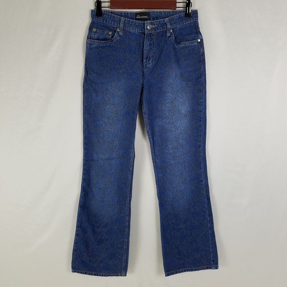 No Boundaries Jeans Womens 5 Blue Mid Rise Floral Bootcut‎ Dark Wash Denim 28x28